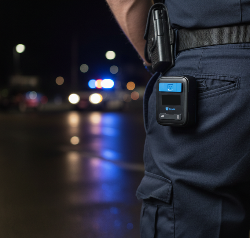 Polis med kroppskamera och pistol på bältet, suddiga utryckningsbilar med blåljus i bakgrunden, natt.