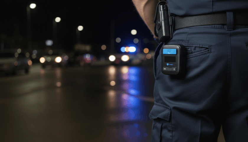 En polis står vid en väg på natten med en kroppskamera och bilar syns suddigt i bakgrunden.