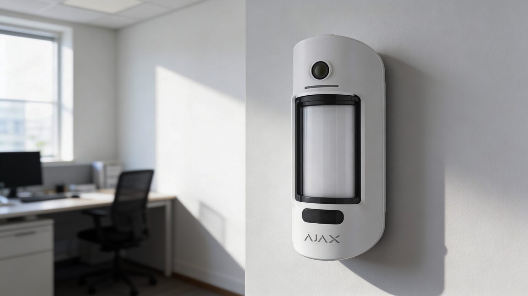 Närbild på en väggmonterad rörelsesensor med kamera i ett modernt kontor, märkt "AJAX".