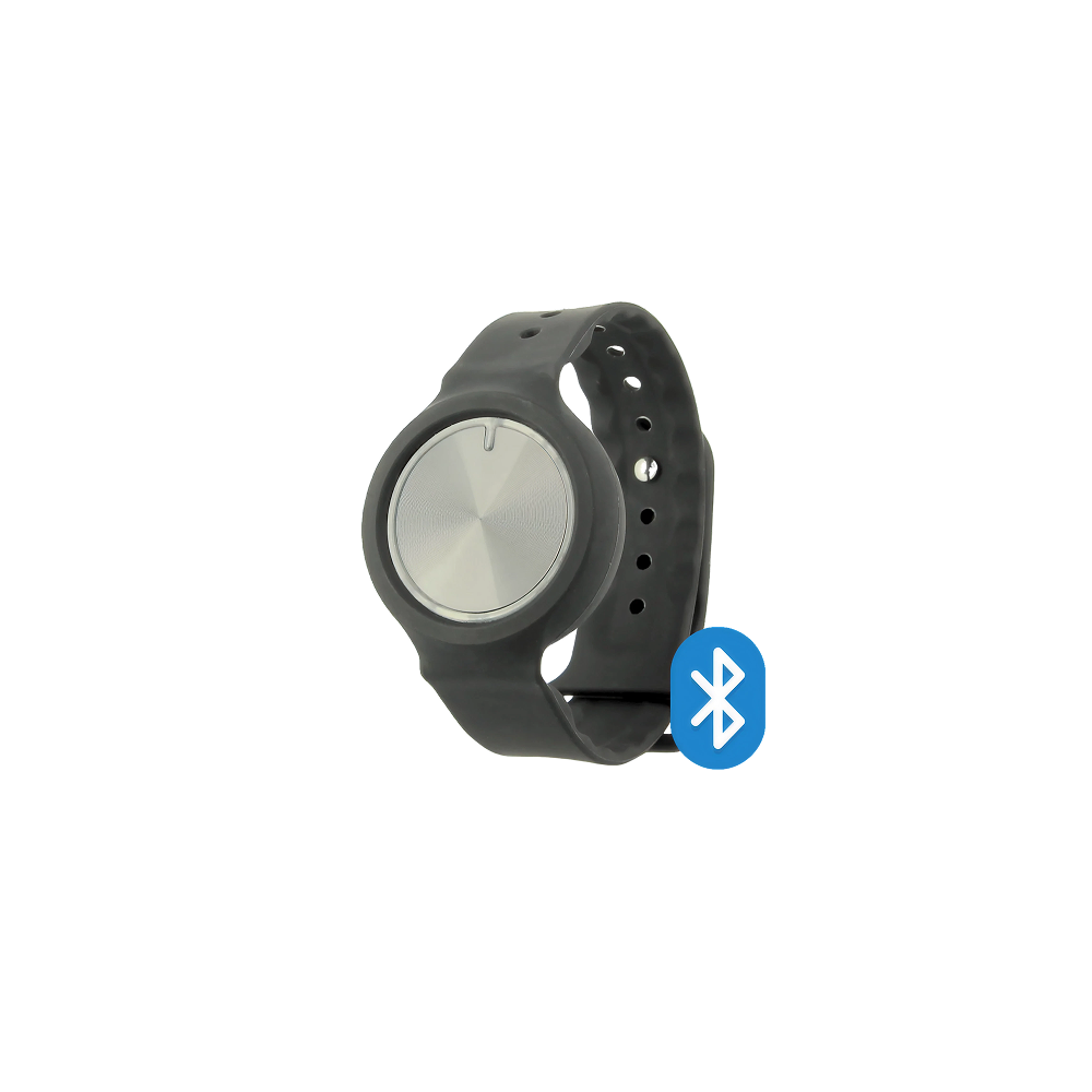 Svart aktivitetsarmband med rund display och Bluetooth-symbol till höger.