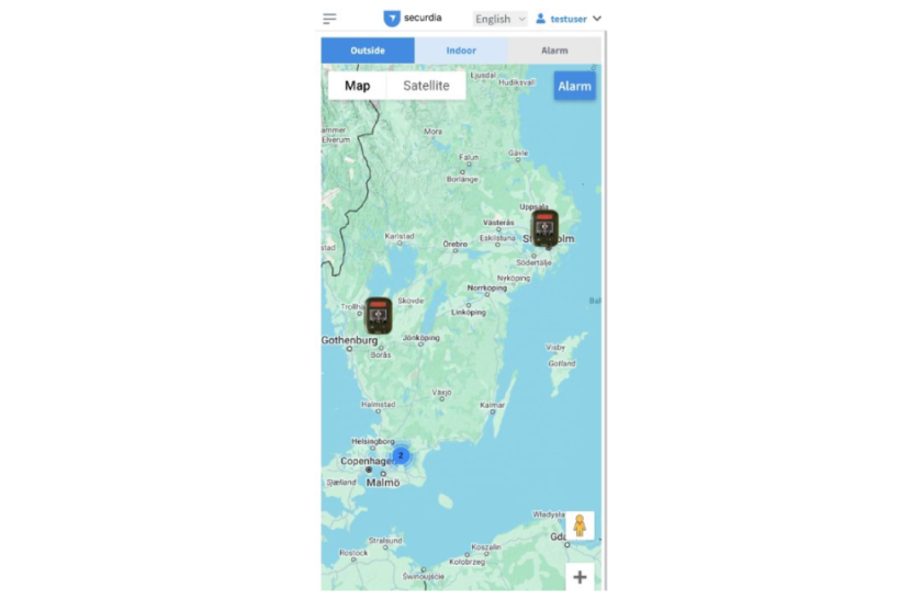 Karta över södra Sverige på mobilskärm med platser markerade vid Göteborg, Stockholm och Köpenhamn.