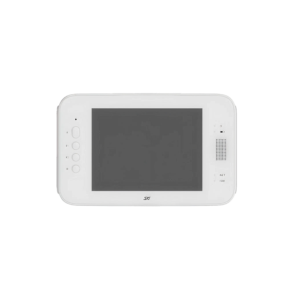Vit elektronisk display med knappar till vänster och högtalare till höger, rektangulär form.