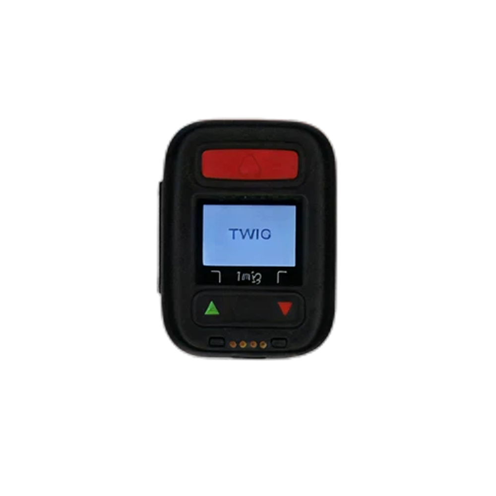 Svart personlig larmapparat med display som visar texten "TWIG" och färgade knappar.